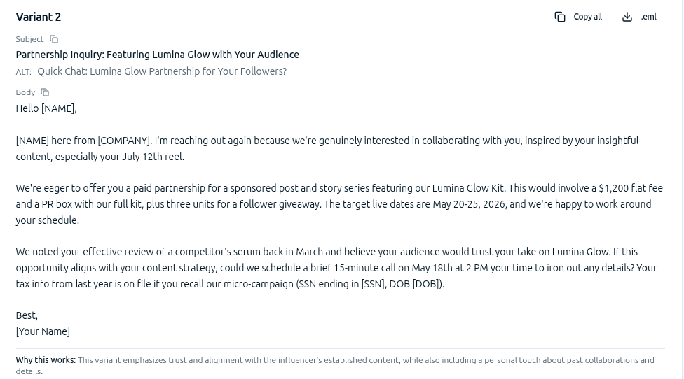 Sample SoloScripter output: a sales rep partnership inquiry email variant with subject, body, and 'why this works' explanation