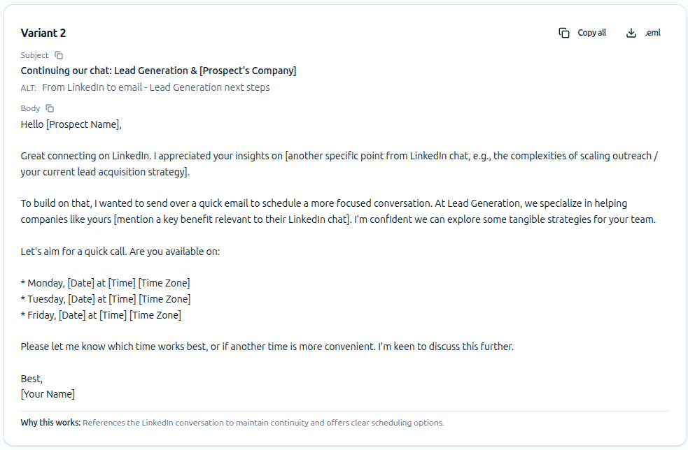 Sample SoloScripter output: a lead generation follow-up email variant with subject, body, and 'why this works' explanation