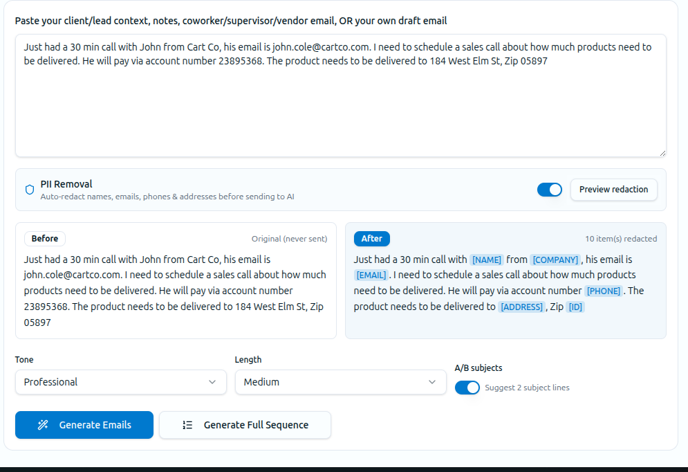 SoloScripter app showing PII redaction with before and after panels — names, emails, phone numbers, and addresses replaced with placeholder tokens